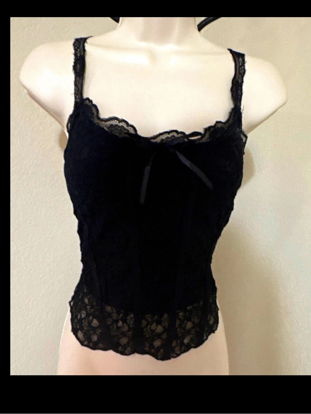 Black Lace Bustier Corset Top Bow Accent Adjustable Straps Gothic M